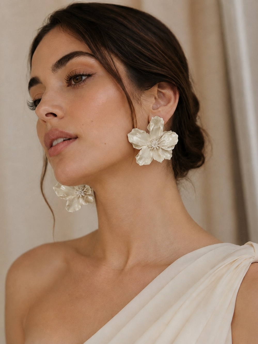 Elegant Enamel Floral Statement Earrings in Ivory